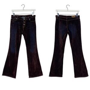 Bongo | Y2K Vintage Brown Velvet Blue Denim Low Rise Button Fly Flare Pants 11
